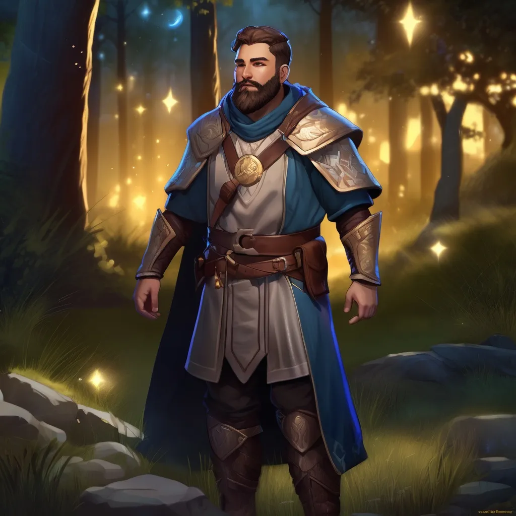 Prompt: (Full body) male magical stocky cleric with short hair and beard, in nature at night, pathfinder, d&d setting, in a realistic digital art style