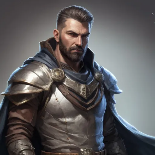 Prompt: (torso) Male stocky large mature fit battle-mage with short-cut hair and beard, engaged in combat casting a light-spell in movement, pathfinder, d&d setting, realistic, enhanced shadow quality
