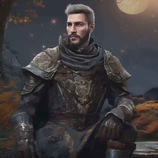 Prompt: (Full body) male handsome royal knight with short salt&pepper hair and beard, in nature at night, d&d setting, in a realistic digital art style