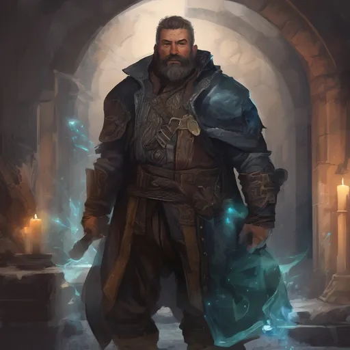 Prompt: (Full body) male stocky middle-aged magical artificer with black short-cut hair and beard, in a dark underground, pathfinder, d&d setting, in a realistic digital art style