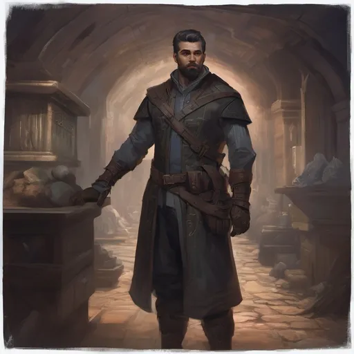 Prompt: (Full body) male stocky middle-aged magical artificer with black short-cut hair and beard, in a dark underground, pathfinder, d&d setting, in a realistic digital art style