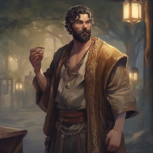 Prompt: (Full body) male large druid with short hair and beard, outside of a tavern in the woods at night, open shirt pathfinder, d&d setting, in a realistic digital art style