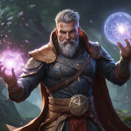 Prompt: (torso) Male stocky large 38-year old fit battle-druid with short-cut hair and beard, engaged in combat casting an astral star-spell in nature, pathfinder, d&d setting, enhanced shadow quality