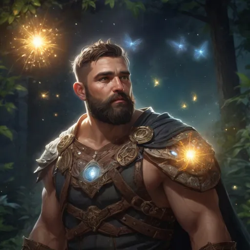 Prompt: male stocky fat muscular druid with short hair and beard, surrounded by magical glow and fireflies, in nature at night, pathfinder, d&d setting, Realistic