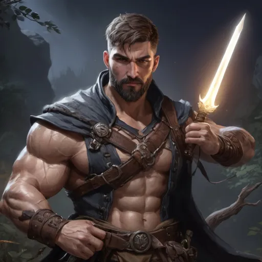 Prompt: male stocky fat muscular 
ranger-fighter with short hair and beard, holding fantasy-weapon, in nature at night, pathfinder, d&d setting, Realistic, Enhanced shadow and light quality