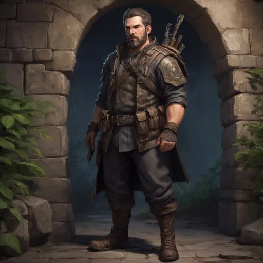 Prompt: (Full body) male stocky heavy-built marksman with short hair and beard, outside of a dungeon entrance in nature at night, pathfinder, d&d setting, in a realistic high quality digital art style, enhanced shadow and light quality