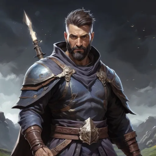 Prompt: Male stocky wide-chested fit 35-year old sacred oracle with short-cut hair and beard, in a windy mountain field, , casting a spell, pathfinder, d&d setting, enhanced shadow quality