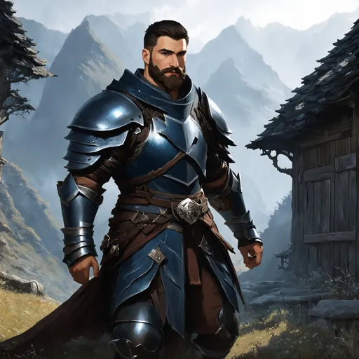 Prompt: (Full body) male rogue with short hair and beard, in rugged navy-blue armor, exploring a dark fantasy villiage by a mountain, pathfinder, d&d setting, in a detailed digital art style