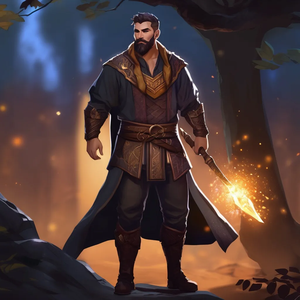 Prompt: (Full body) male stocky eidolon-summoner with short hair and beard, open shirt, in dark lit nature background, pathfinder, d&d setting, in a realistic digital art style