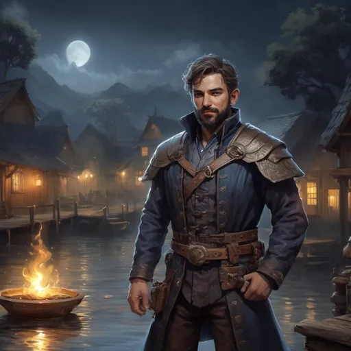 Prompt: male stocky heavy-built handsome bandit-magus with short hair and beard, wearing magic coat, casting a water-spell, on a dock by a small village at night, pathfinder, d&d setting, in a realistic high quality digital art style