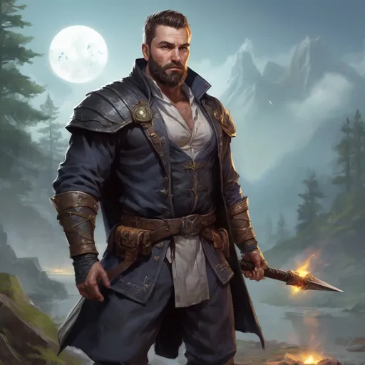 Prompt: Male stocky large fat templar with short-cut hair and beard, open shirt hairy chest, in combat casting a magic-ray out of hands in nature at night, pathfinder, d&d setting, in a realistic high quality digital art style, enhanced shadow quality, colorful