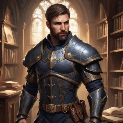 Prompt: (Full body) male stocky masculine manly hunky royal knight with short hair and beard, hairy chest, in a dark library, pathfinder, d&d setting, in a realistic high quality digital art style