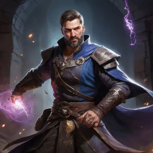 Prompt: (torso) Male stocky large battle-mage with short-cut hair and beard, engaged in combat casting an arcane-spell inside of a dark dungeon, in movement, pathfinder, d&d setting, realistic, enhanced shadow quality, colorful