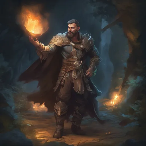 Prompt: (Full body) male stocky handsome muscular beefy warlock with short-cut hair and beard, casting a swirly magic spell, in a forest cave at night pathfinder, d&d setting, in a realistic high quality digital art style