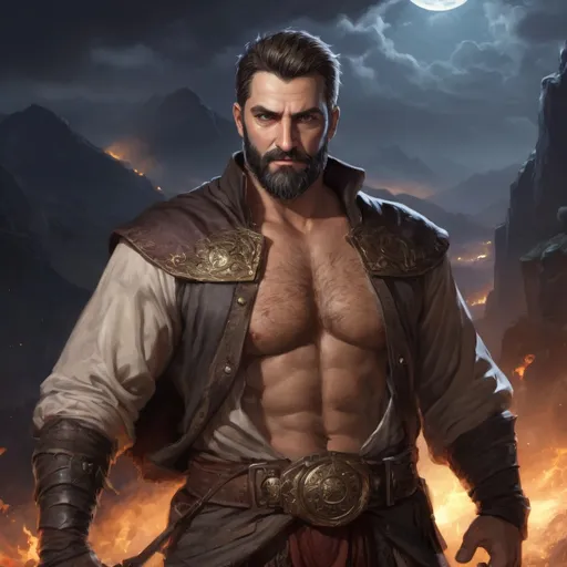 Prompt: male stocky heavy-set royal turkish transmuter-magus with short-cut hair and beard, open shirt very-hairy chest, casting bright spell, in valley at night, pathfinder, d&d setting, realistic high quality, enhanced shadow quality