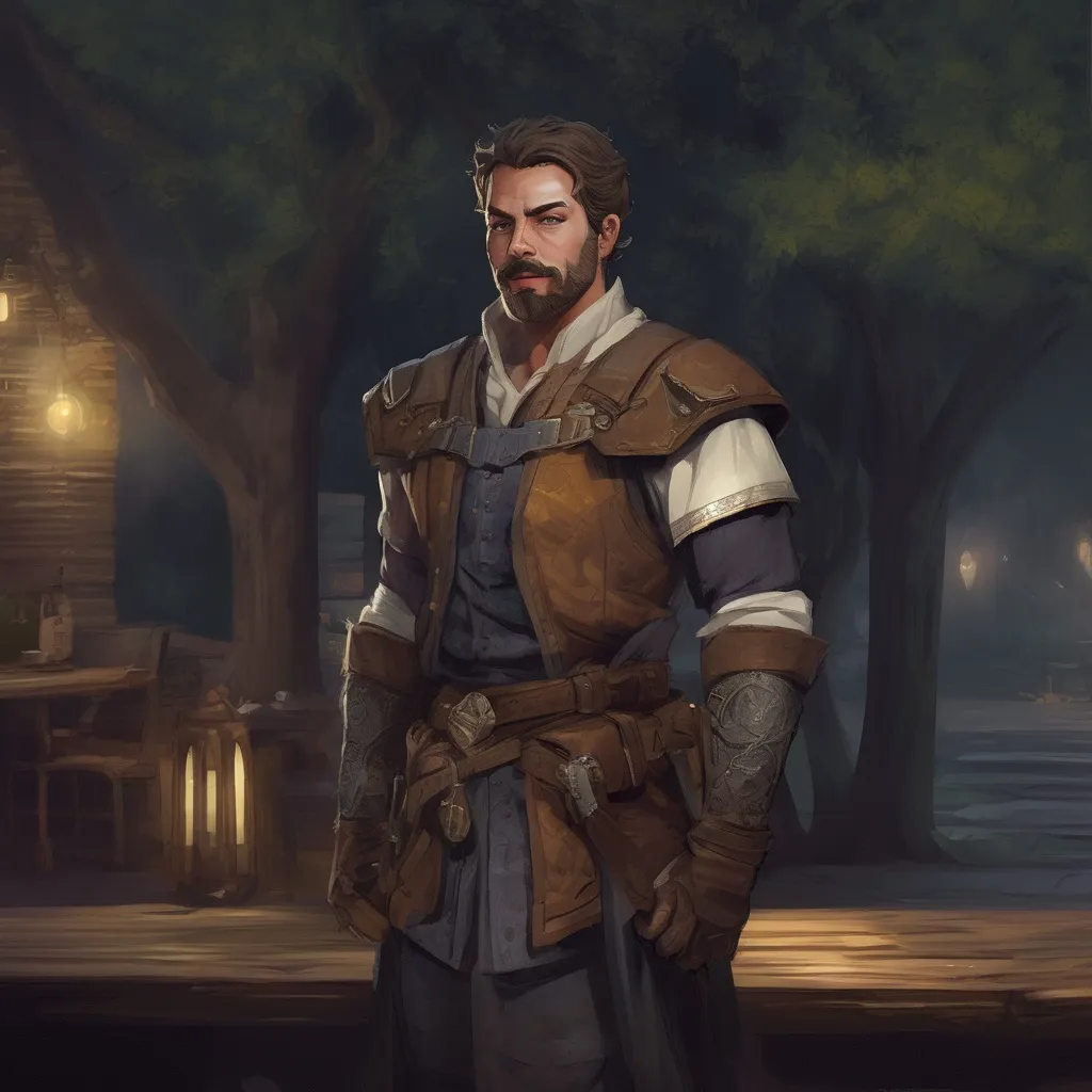 Prompt: (Full body) male handsome paladin with short hair and beard, outside of a tavern in the woods at night, pathfinder, d&d setting, in a realistic digital art style