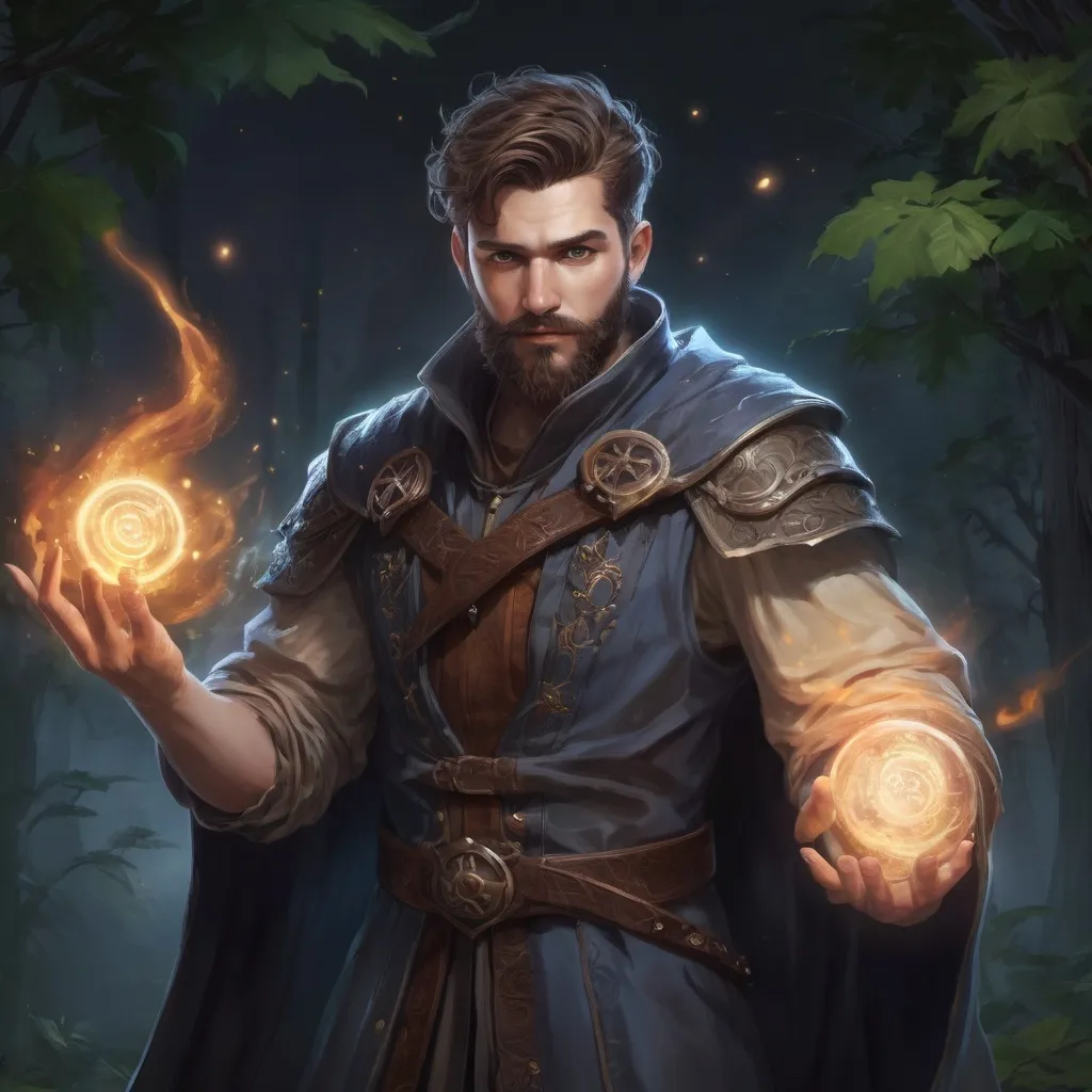 Prompt: A male stocky summoner with short-cut hair and beard, casting magic spell, in a nature at night, pathfinder, d&d setting, in a realistic high quality digital art style, shaded style