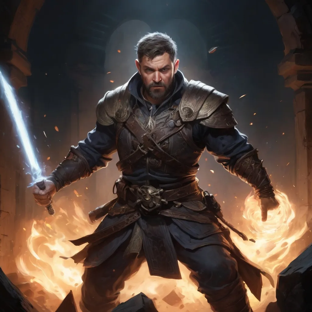 Prompt: Male stocky large mature fit battle-mage with short-cut hair and beard, engaged in combat casting an explosive-spell in a dark dungeon room, pathfinder, d&d setting, realistic, enhanced shadow quality