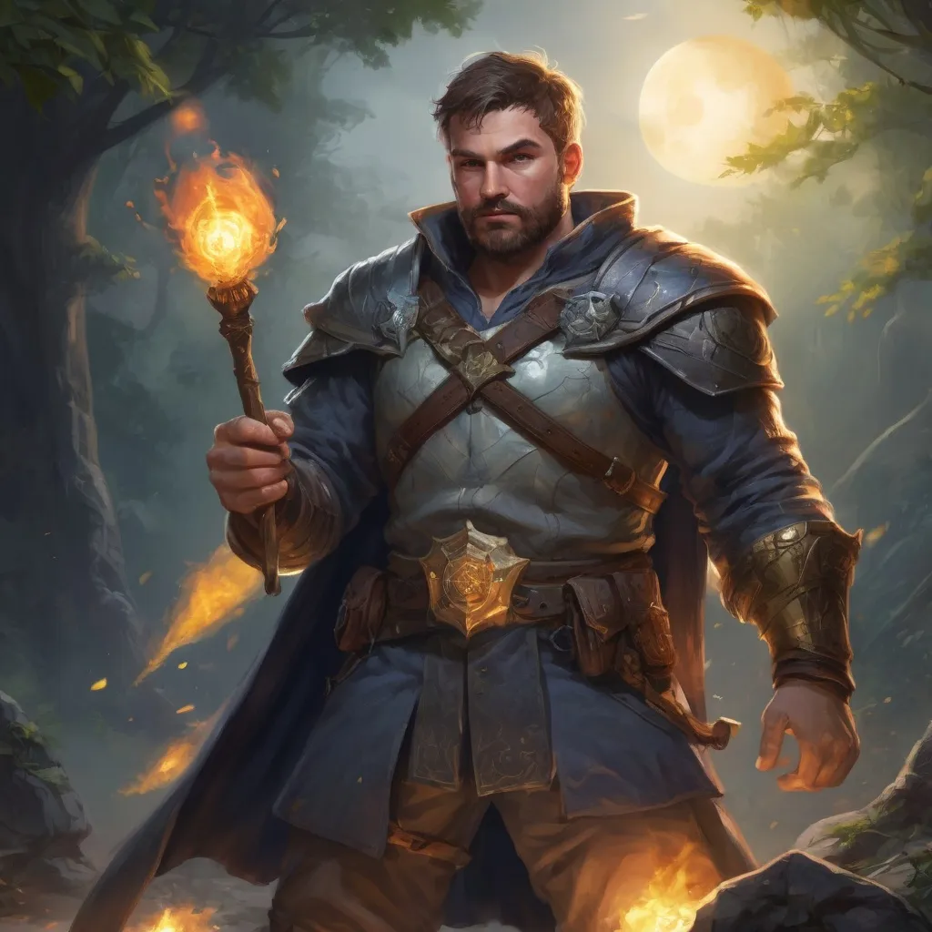 Prompt: Male stocky large fat paladin with short-cut hair and beard, open shirt hairy chest, in combat casting a magic-ray out of hands in nature at night, pathfinder, d&d setting, in a realistic high quality digital art style, enhanced shadow quality, colorful