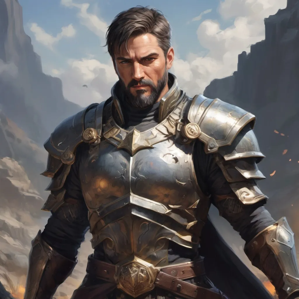 Prompt: (torso) Male heavy-set mature fit magical Paladin with short-cut hair and beard, holding fantasy-weapon , in a windy battlefield, pathfinder, d&d setting, enhanced shadow quality