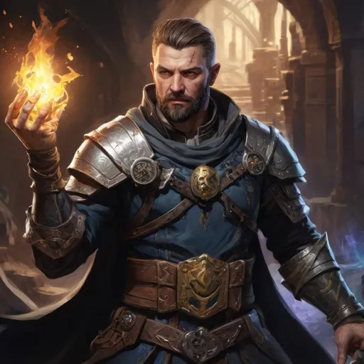Prompt: (torso) Male stocky large ukranian handsome battle-mage with short-cut hair and beard, engaged in combat casting an arcane-spell inside of a dark dungeon, in movement, pathfinder, d&d setting, realistic, enhanced shadow quality, colorful