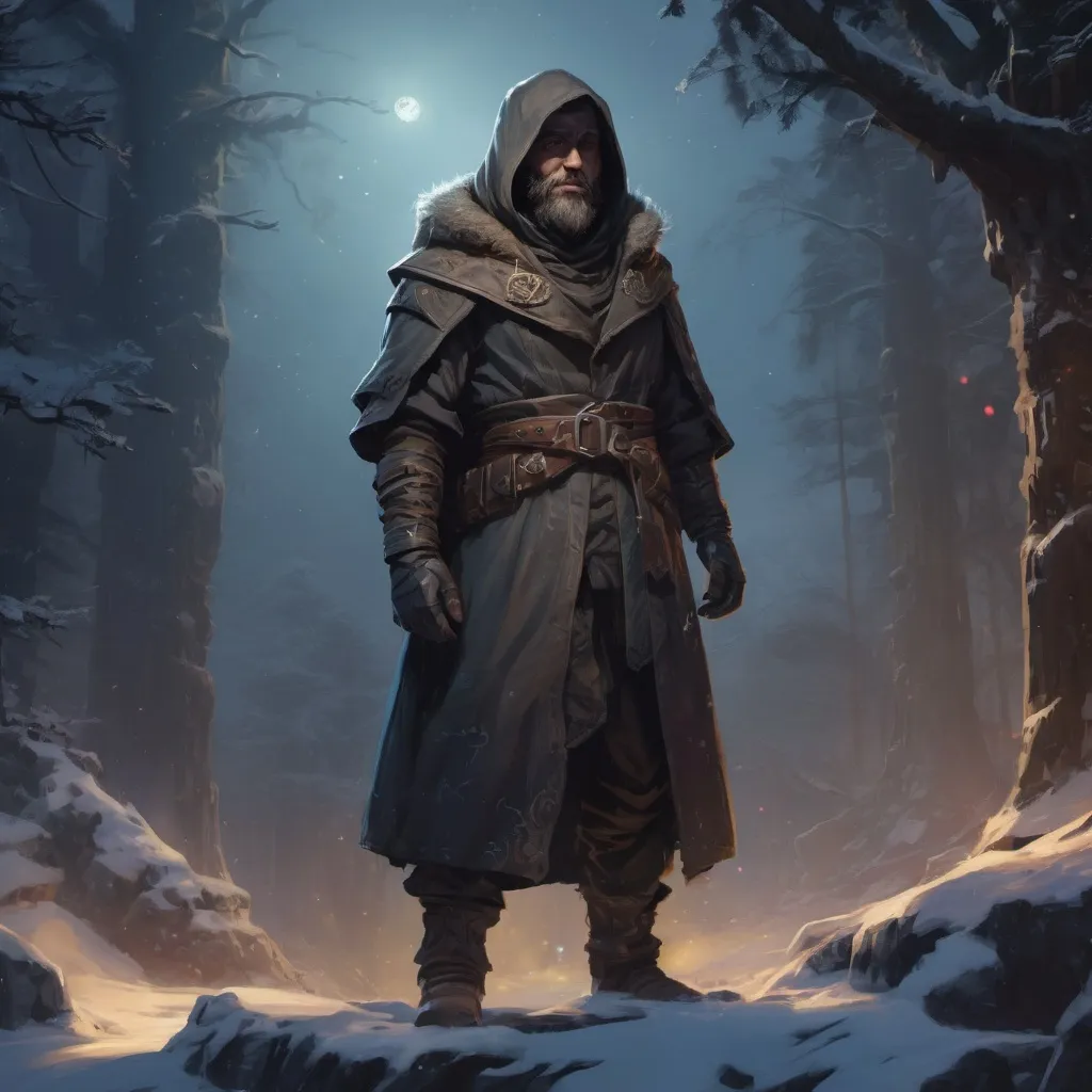 Prompt: Male stocky mature Cloaked rogue, with short hair and beard, standing on an old temple in a winter forest at night, pathfinder, d&d setting, in a realistic high quality digital art style, enhanced shadow quality, colorful