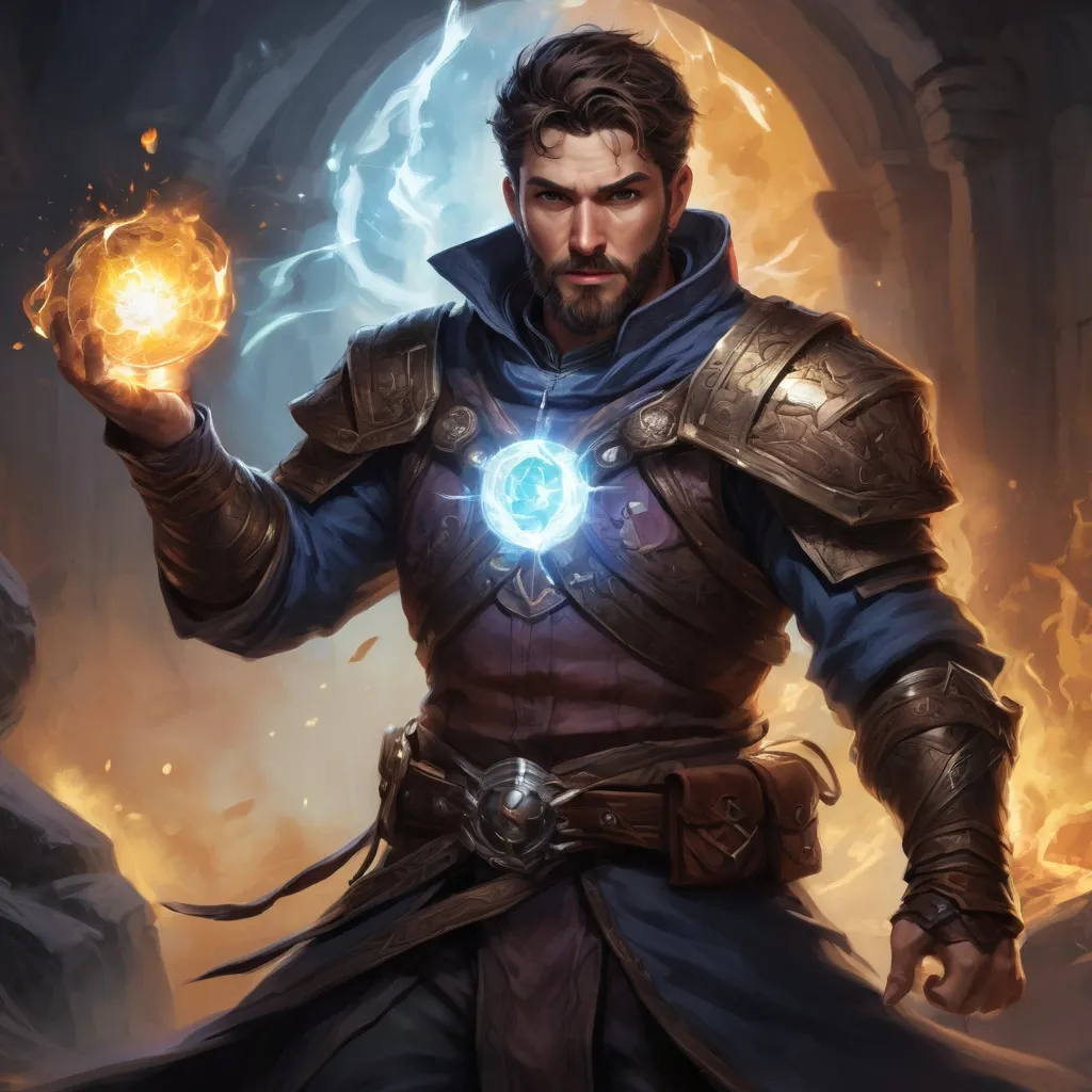 Prompt: Male stocky large battle-mage with short-cut hair and beard, engaged in combat casting a brightlight-spell inside of a dark dungeon, pathfinder, d&d setting, in a realistic high quality digital art style, enhanced shadow quality, colorful