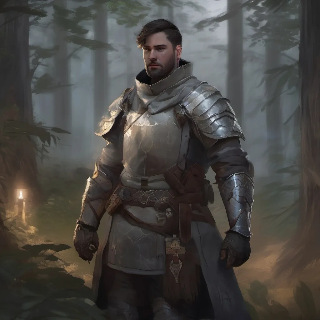 Prompt: (Full body) male stocky young royal knight with short-cut hair and beard, in a dark forest at night, pathfinder, d&d setting, in a realistic digital art style