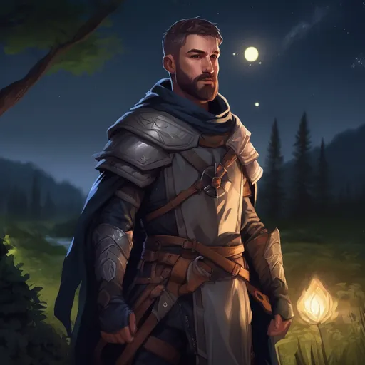 Prompt: (Full body) male magical crusader with short hair and beard, in nature at night, pathfinder, d&d setting, in a realistic digital art style