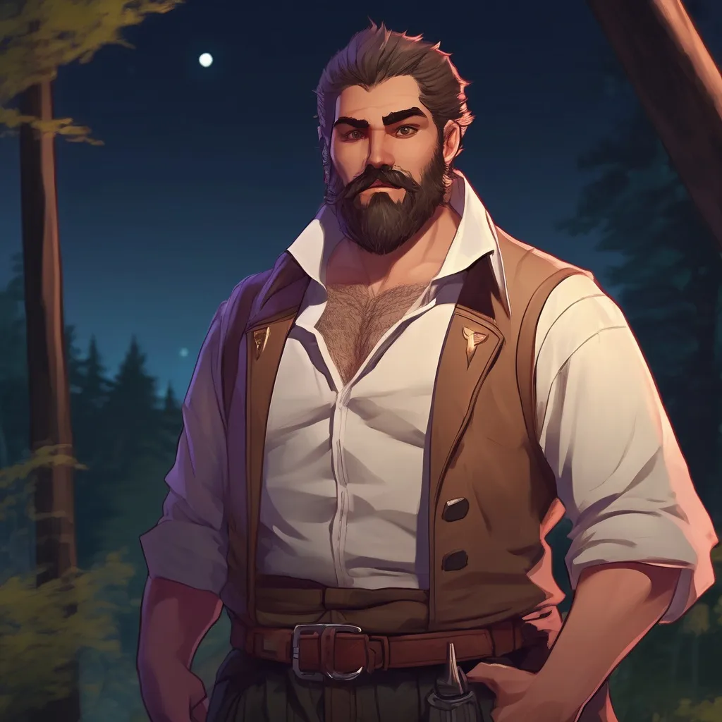 Prompt: (Full body) male stocky big-chested hairy-chested warlock with short hair and beard, open shirt, in nature at night, pathfinder, d&d setting, in a realistic digital art style