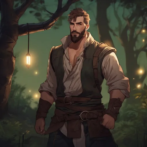 Prompt: (Full body) male big-chested fighter with short hair and beard, thin open shirt on, in nature at night, pathfinder, d&d setting, in a realistic digital art style