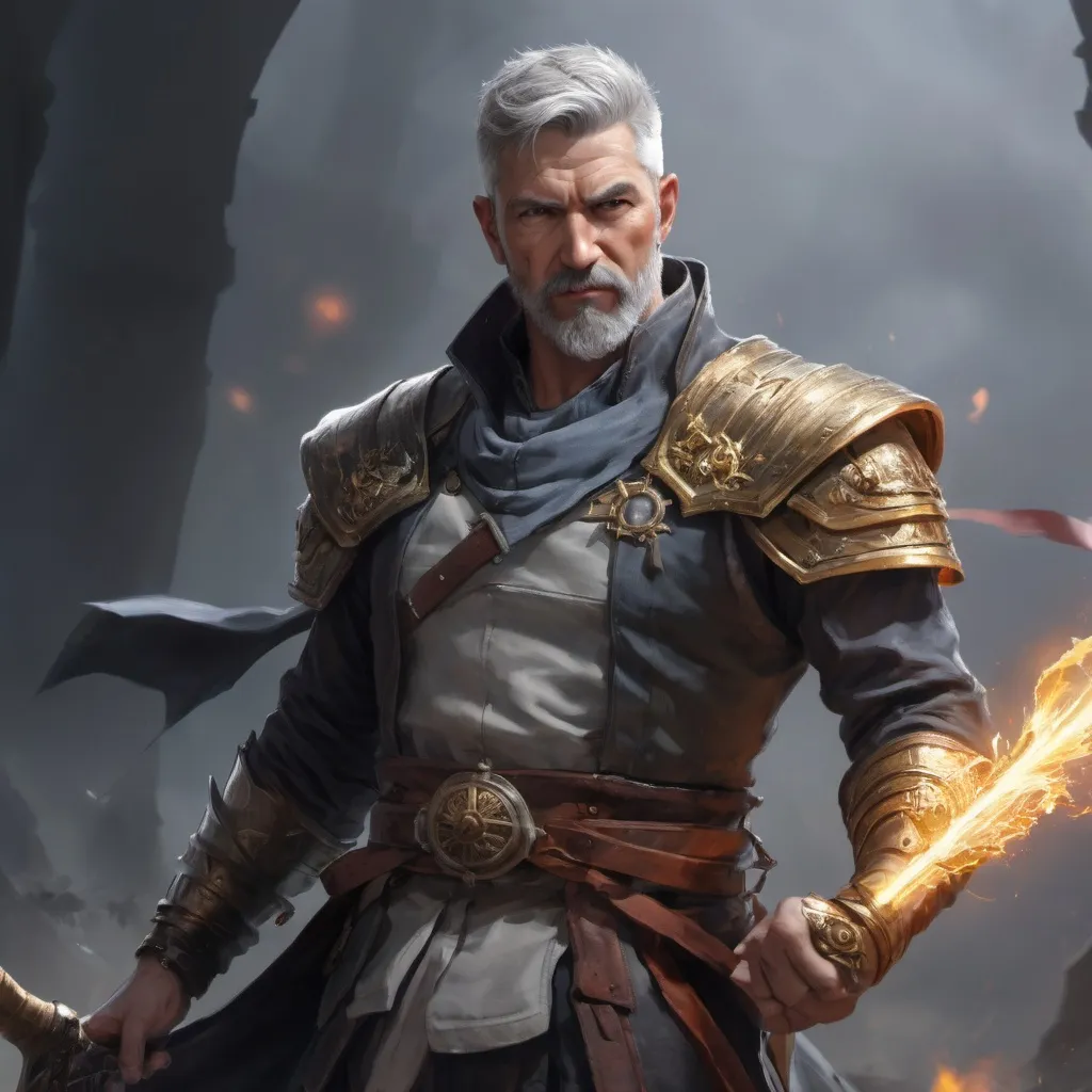 Prompt: (torso) Male heavy-set mature fit magical summoner with short-cut hair and beard, holding fantasy-weapon, in movement, in a windy battlefield, pathfinder, d&d setting, enhanced shadow quality