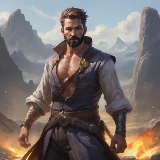 Prompt: (head and torso) Male heavy-set fit 35-year old hunky wizard with short-cut hair and beard, hairy chest (chest hair), open shirt, holding magic-spell in hand, on a windy battlefield, pathfinder, d&d setting, enhanced shadow quality