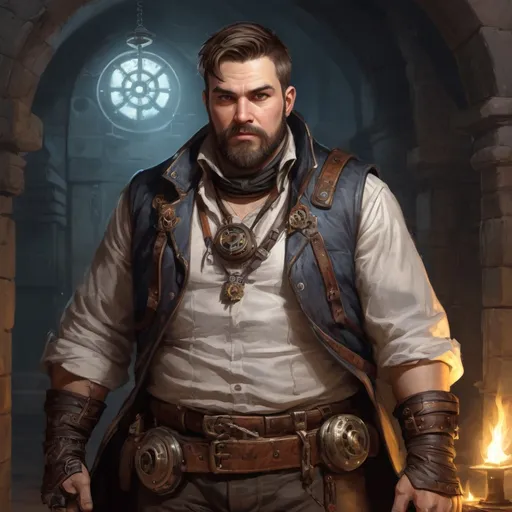 Prompt: Male stocky heavy-set steampunk engineer with short-cut hair and beard, big belly, inside a temple dungeon at night, pathfinder, d&d setting, in a realistic high quality digital art style, enhanced shadow quality