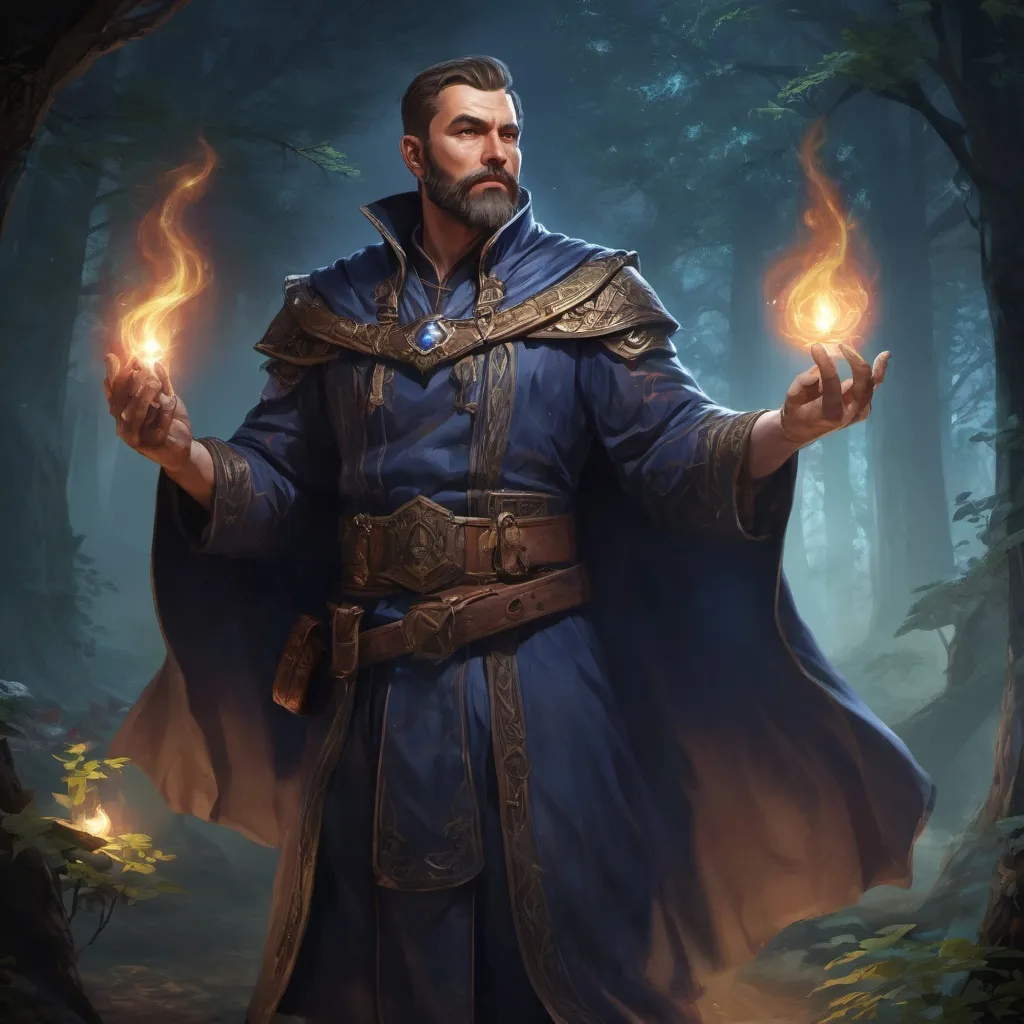 Prompt: Male stocky heavy-set mature summoner with short-cut hair and beard, magical glowing robes, casting a spell in combat outside of fantasy forest at night, pathfinder, d&d setting, in a realistic high quality digital art style, enhanced shadow quality