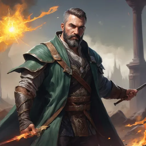 Prompt: Male stocky heavy-set mature illutionist with short-cut hair and beard, on a battlefield, in combat, casting a sage-spell, pathfinder, d&d setting, enhanced shadow quality, realistic