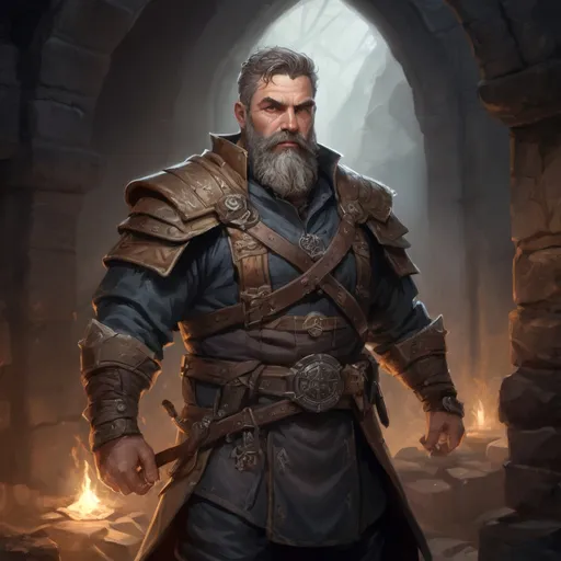 Prompt: Male stocky large mature floridan fighter with short-cut hair and beard, exploring a dark dungeon, pathfinder, d&d setting, in a realistic high quality digital art style, enhanced shadow quality