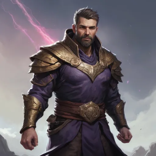 Prompt: (torso) Male stocky large fit 37-year old eidolon-summoner with short-cut hair and beard, casting a magical summoning-spell out of hands standing on a windy path, pathfinder, d&d setting, in a realistic high quality digital art style, enhanced shadow quality, colorful