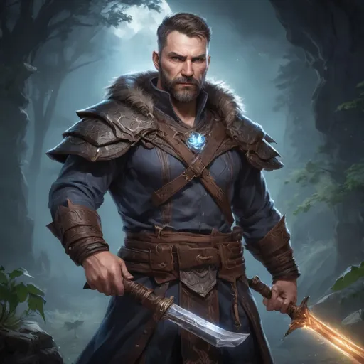 Prompt: male stocky muscular mature summoner with short hair and beard, holding fantasy-weapon, in nature at night, pathfinder, d&d setting, Realistic, Enhanced shadow and light quality