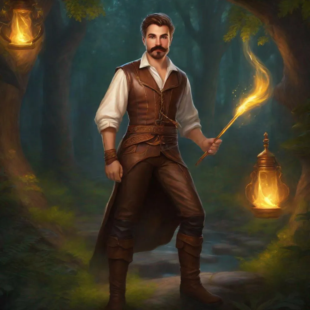 Prompt: (Full body) A male alchemist with short cut hair with a mustache and stubble manly face, pathfinger, magic swirl, leather pants, holding magic weapon, dungeons and dragons, brown boots, fantasy setting, in a forest glade at night, in a painted style realistic art