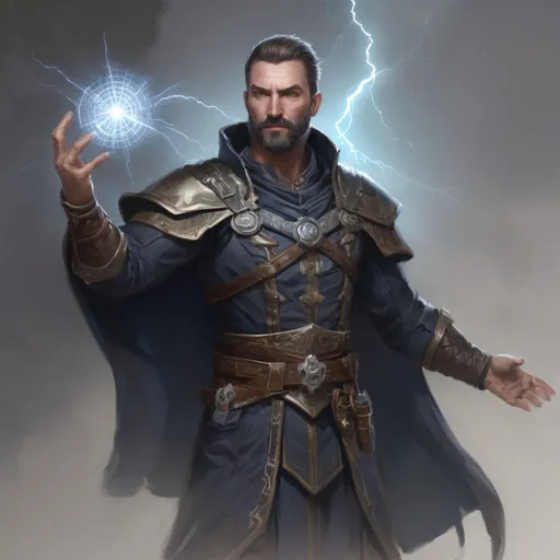 Prompt: (torso) Male stocky large fit 37-year old time-magus with short-cut hair and beard, casting a magic-ray out of hands in a windy path, pathfinder, d&d setting, in a realistic high quality digital art style, enhanced shadow quality