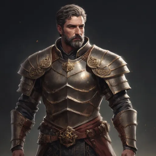 Prompt: (Full body) male stocky masculine mature italian royal knight with short hair and beard, hairy chest, in a dark field, pathfinder, d&d setting, in a realistic high quality digital art style