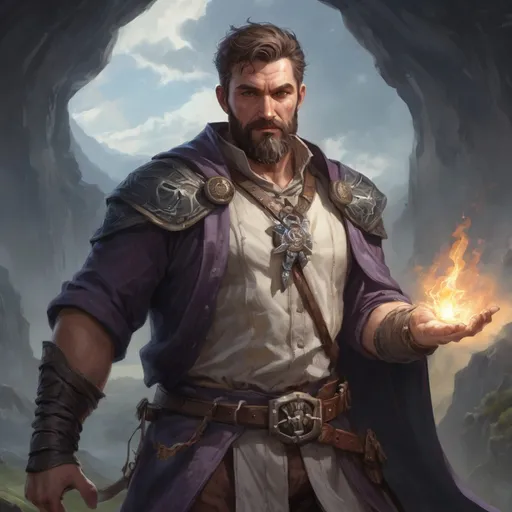 Prompt: Male stocky heavy-set large fit cleric with short-cut hair and beard, open shirt, casting a healing-spell out of hands, in a windy valley in a battle, pathfinder, d&d setting, enhanced shadow quality