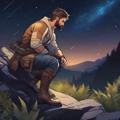 Prompt: A male fighter looks like with short-cut hair and beard, in nature at night, boots, pathfinder, in a detailed realistic digital art style