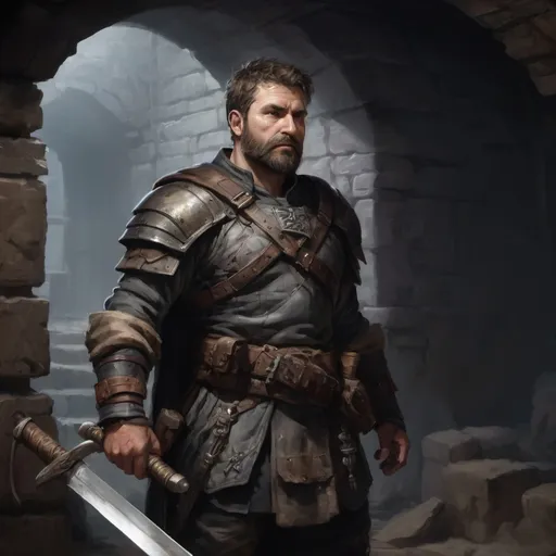 Prompt: Male stocky large mature warrior with short-cut hair and beard, exploring a dark cellar, pathfinder, d&d setting, realistic, enhanced shadow quality