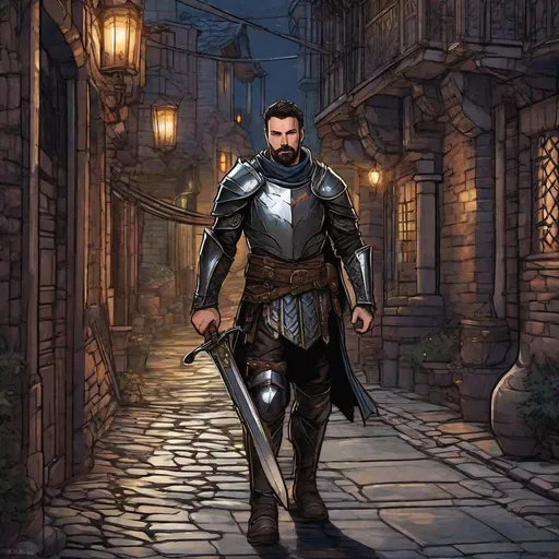 Prompt: (Full body) male knight looks like ben affleck , glowing eyes with short cut hair with short beard, manly face, chain shirt, leather pants, pathfinder, dungeons and dragons, in a dark back street, in a painted style, realistic