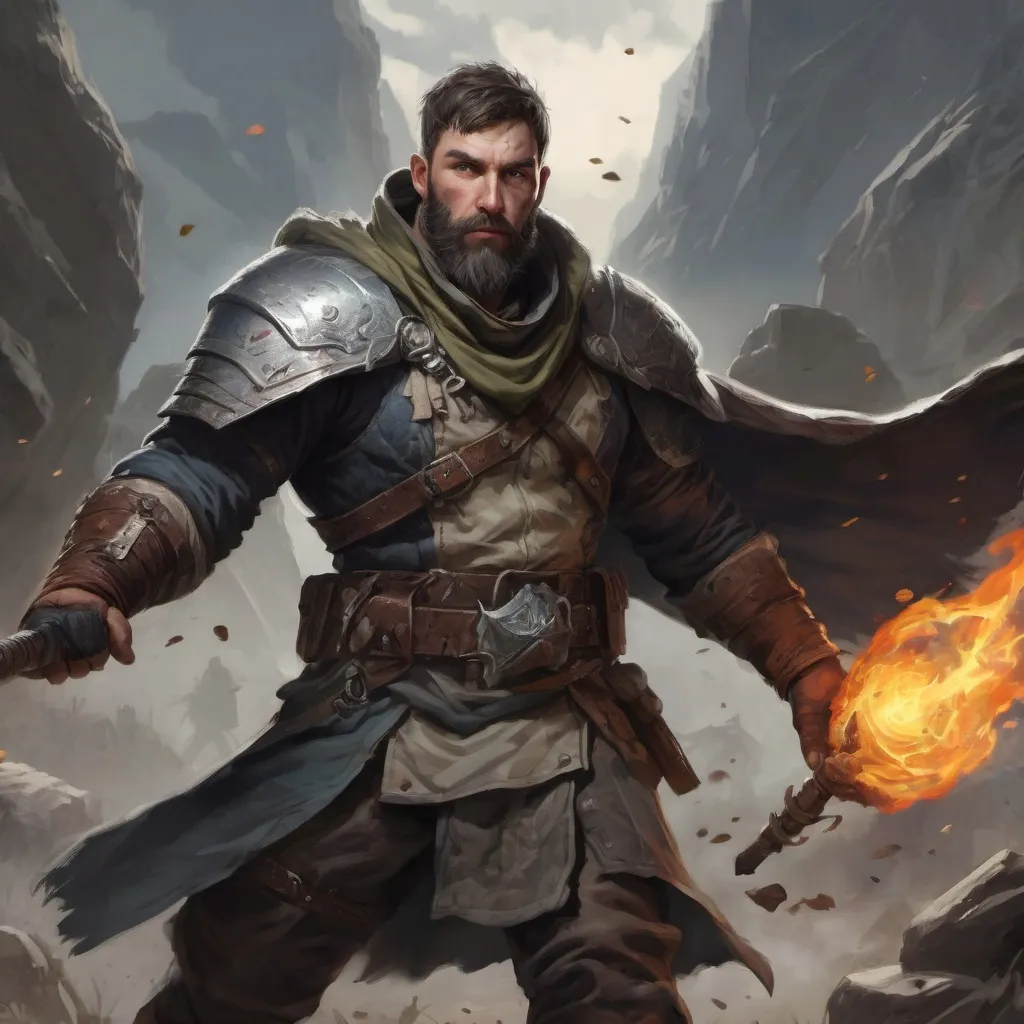 Prompt: Male stocky large beefy rogue with short-cut hair and beard, exploring a battle field, pathfinder, d&d setting, realistic, enhanced shadow quality