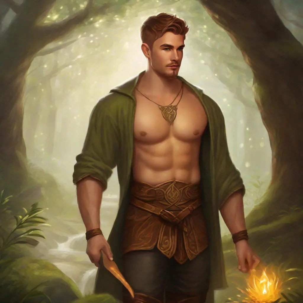 Prompt: (Full body) A male druid no shirt with short cut hair with stubble manly face, pathfinger, magic swirl, holding magic , dungeons and dragons, brown boots, fantasy setting, standing in a forest glade at night, in a painted style realistic art