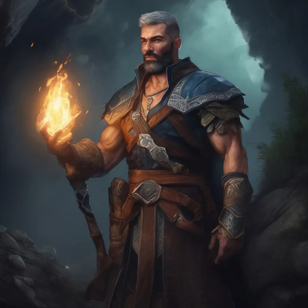 Prompt: (Full body) male handsome large muscular magical warlock with short hair and beard, outside of a cave by a forest at night, pathfinder, d&d setting, in a realistic high quality digital art style