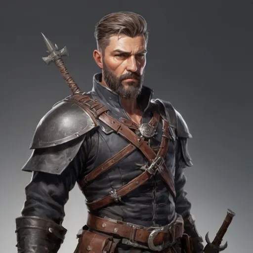 Prompt: (torso) Male heavy-set mature fit magical swashbuckler with short-cut hair and beard, holding fantasy-weapon, in movement, in a windy battlefield, pathfinder, d&d setting, enhanced shadow quality